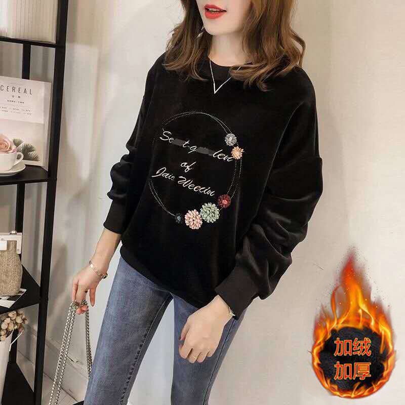 Áo sweater vải nhung dày hai mặt dáng rộng thêu họa tiết thời trang thu đông mới dành cho nữ 2021