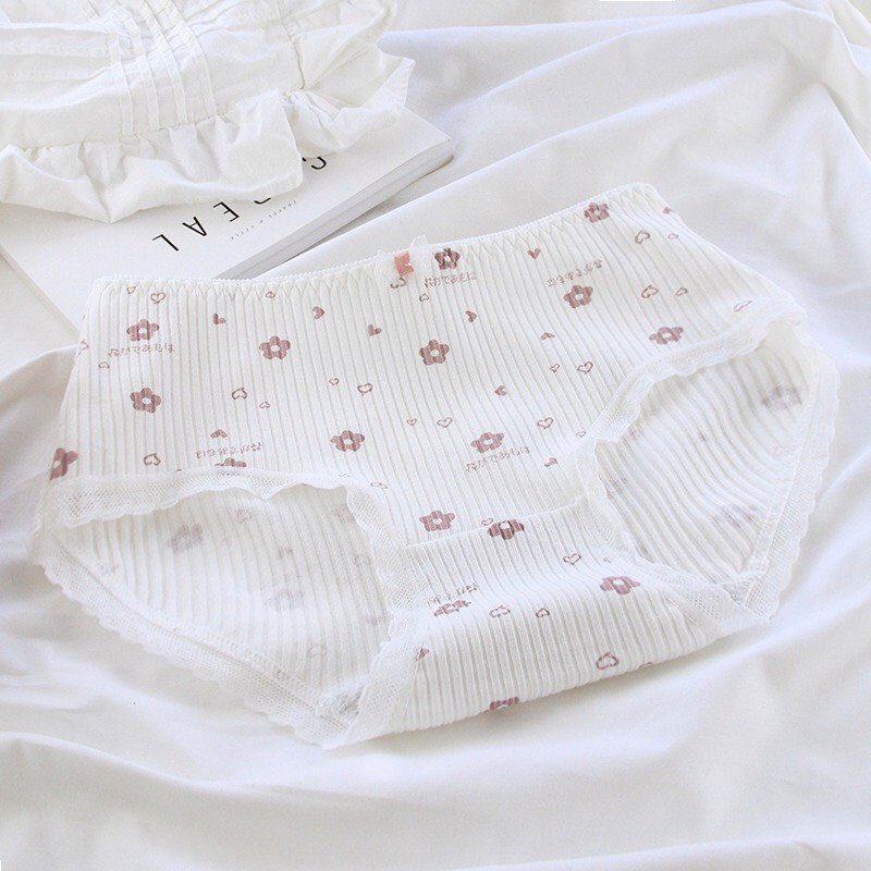Quần Lót Nữ - Set Cotton gân tăm Hoa đào viền ren DAN STORE MÃ C874