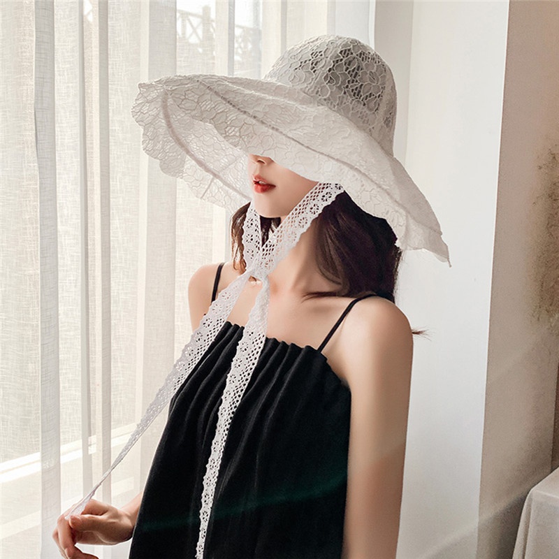 Mũ tai bèo vành rộng phối ren hoa thời trang đi biển mùa hè cho nữ