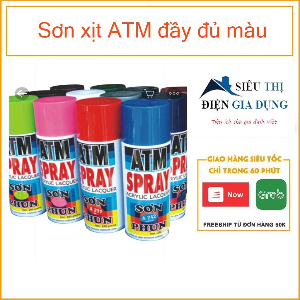 Sơn xịt ATM đầy -đủ màu- màu hồng A299, Màu vàng gold A228, màu đở sẫm A239, màu cà phê sữa 243, màu bạc A300, sơn lót