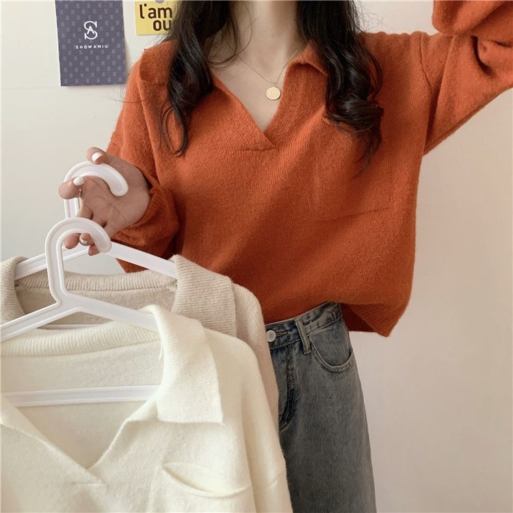 Áo sweater dệt kim cổ chữ V dáng rộng mềm mại phong cách retro