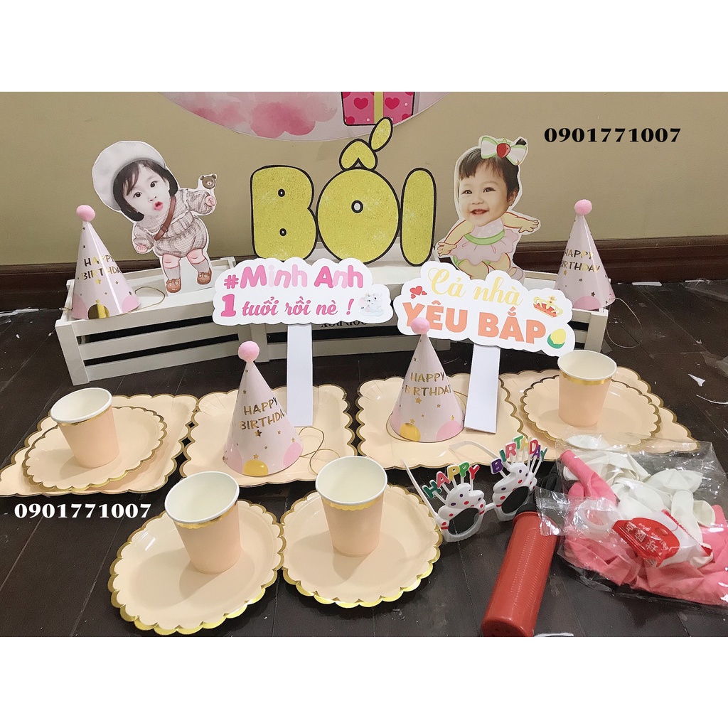 Set trang trí sinh nhật Mon Party combo phụ kiện sinh nhật cho bé 1 tuổi kèm hình chibi, bóng bay đầy đủ
