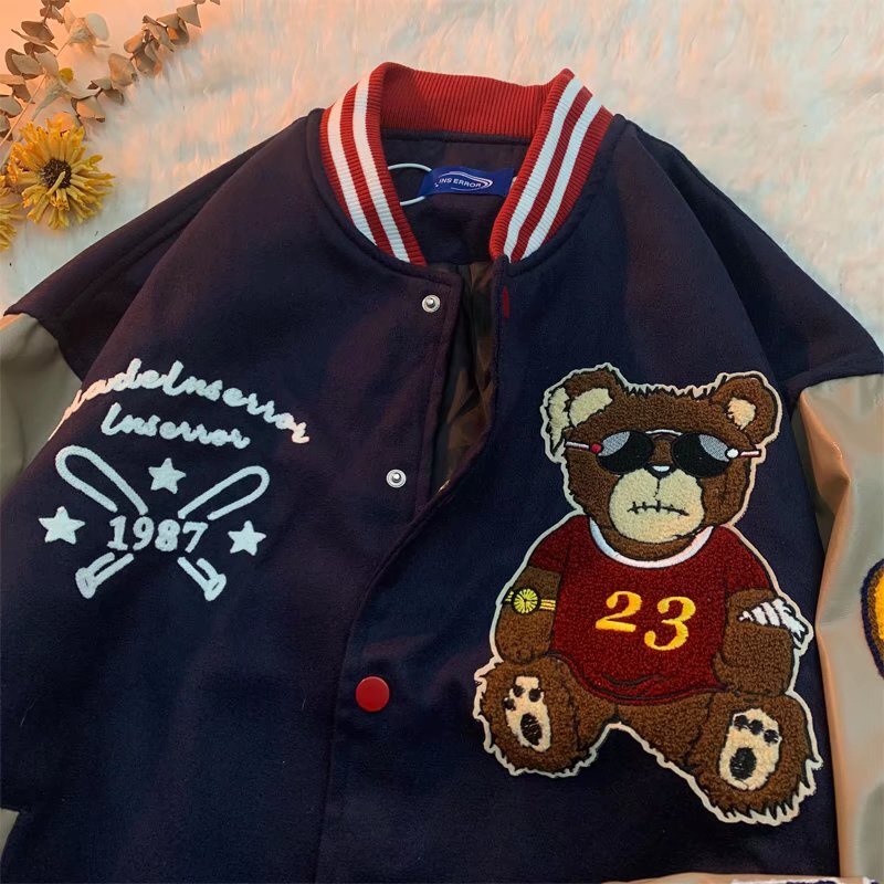 Áo Khoác Bóng Chày Da PU Tay Thêu Hình Gấu Phong Cách Retro Dành Cho Nam Nữ