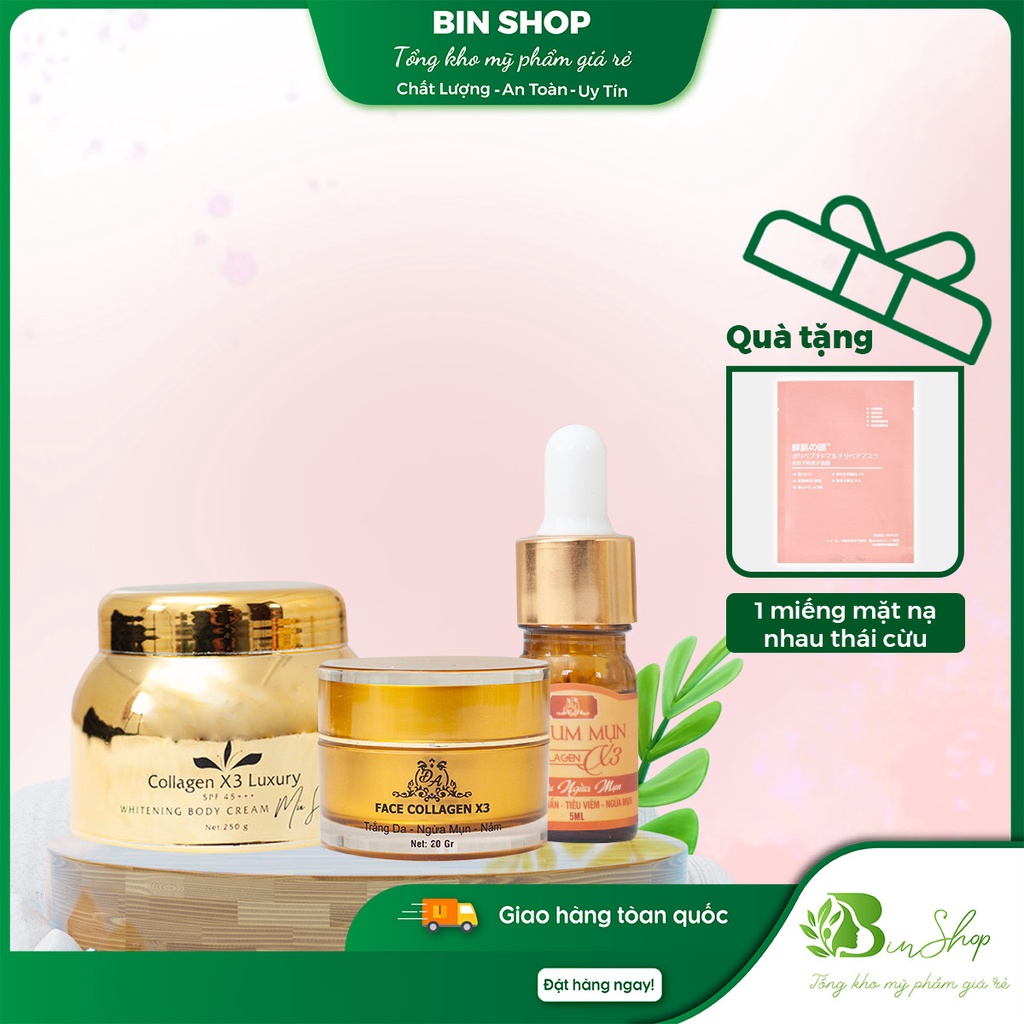 Bộ sản phẩm Kem Body Collagen X3 250gr + Kem Face Collagen X3 50gr + Serum Mụn Nám Thâm Collagen X3 