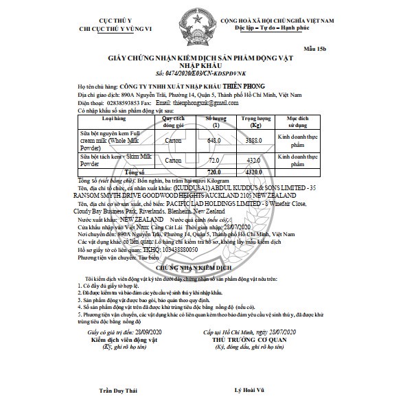 Sữa bột A2 Nguyên kem/Tách béo của Úc 1kg