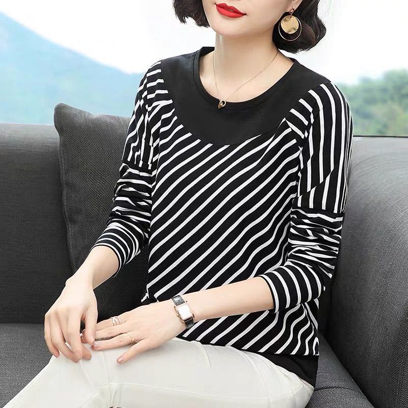 Áo Thun Tay Dài Dáng Rộng Plus Size Họa Tiết Kẻ Sọc Dành Cho Phụ Nữ Trung Niên