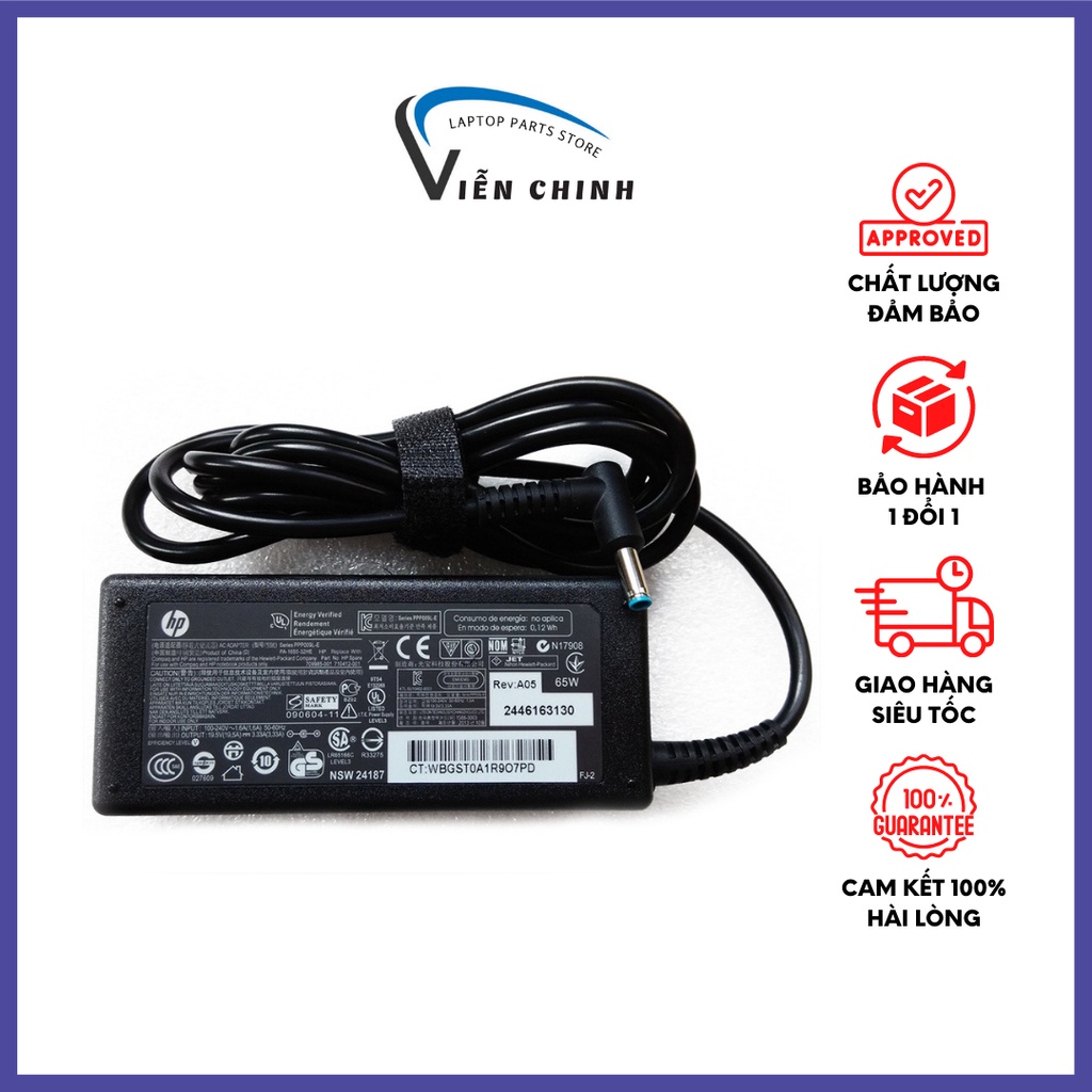 Sạc laptop Hp chân kim nhỏ 19.5v-3.33a - Zin bảo hành 12th tặng kèm dây nguồn - Dây sạc máy tính Hp chân kim nhỏ