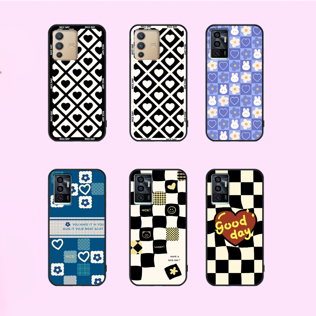 Ốp lưng Vivo V23e - Vivo V23 5G in hoạ tiết caro trái tim đen trắng, gấu bear cute đáng yêu