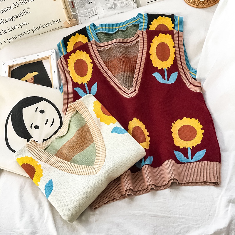 Áo len cổ chữ V họa tiết hoa cúc phong cách retro Hàn Quốc