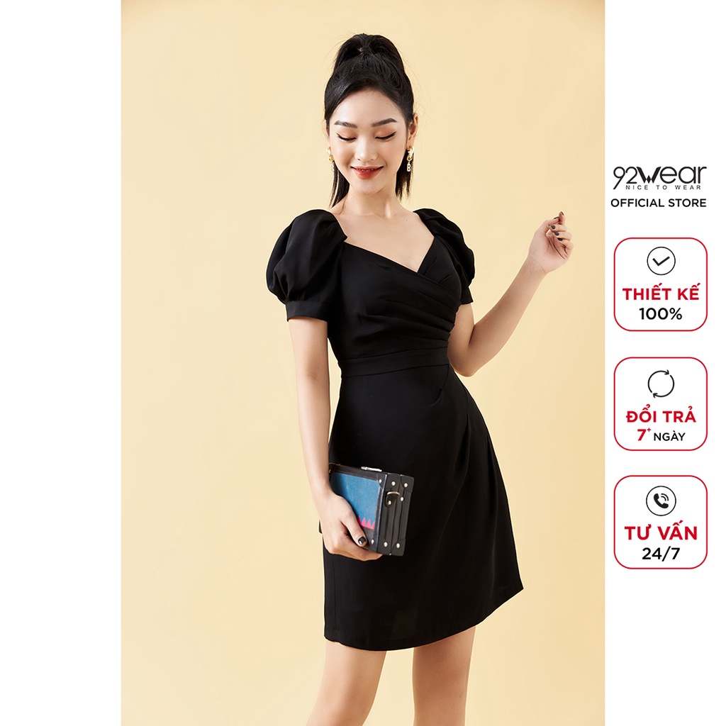 Váy xòe tay bồng 92WEAR, xếp ly thân trước thanh lịch, trẻ trung DEA1676