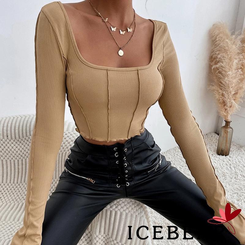 Áo croptop dệt kim tay loe dài cổ vuông phong cách đường phố quyến rũ cho nữ