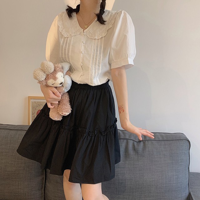 Áo sơ mi nữ trắng cộc tay cúc bọc cổ sen, Áo sơ mi nữ ngắn tay bồng babydoll