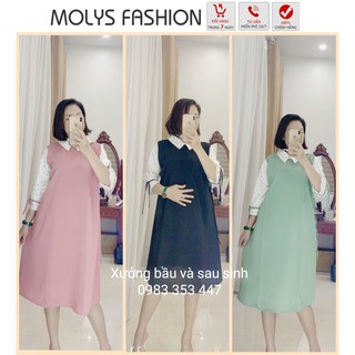 Váy bầu sơ mi công sở cổ trắng chấm MBTT2401