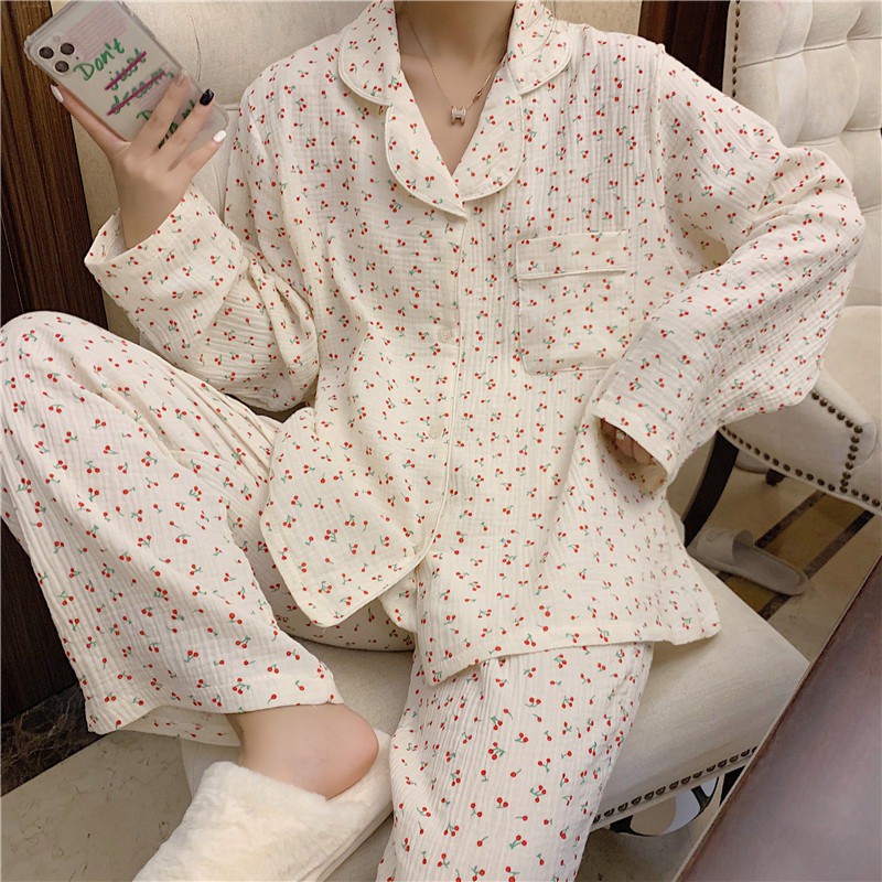 Bộ ngủ pijama dài tay họa tiết cherry đủ màu