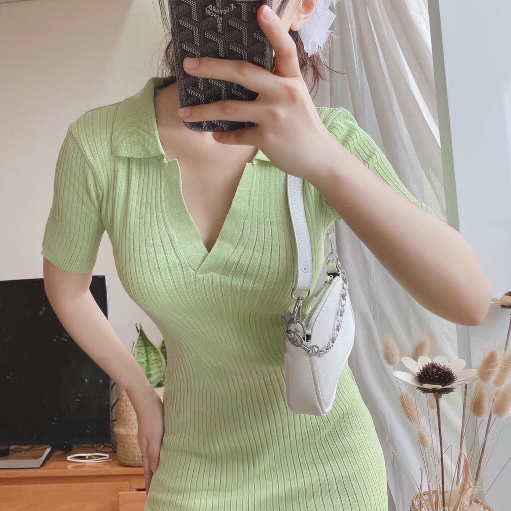 Đầm Ôm Body Tay Ngắn Cổ Sơ Mi Thun Gân Thời Trang Nữ Sam Closet Free Size 40-55kg