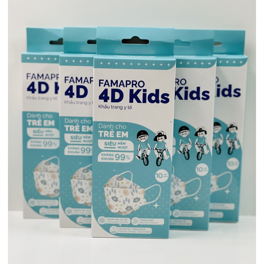 Hộp 10c Khẩu trang trẻ em 4D Kids Famapro chính hãng Nam Anh, kháng khuẩn, nhiều họa tiết
