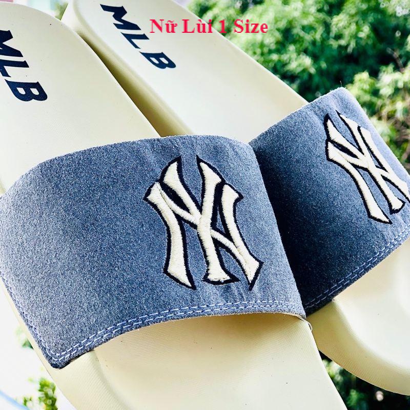 Dép unisex 𝐌𝐋𝐁 ❤️FREESHIP + Hộp❤️ dép mlb bóng chày quai ngang thể thao nữ in NY da lộn, đế ip bền, vàng-xám