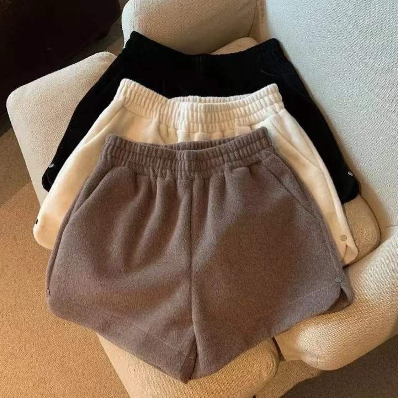 Quần short RENJIANVSHENG len trơn ống rộng thời trang đơn giản