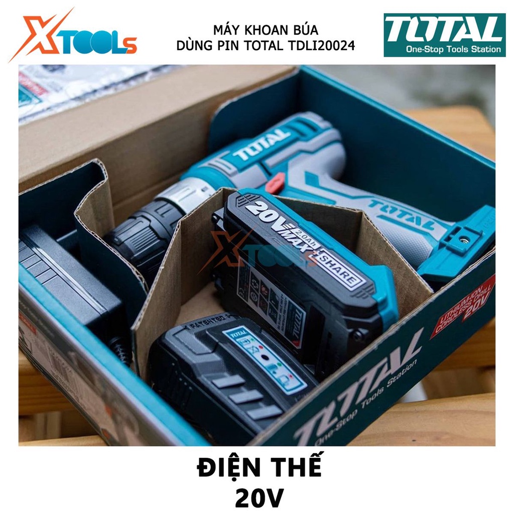 Máy khoan pin cầm tay 20V Total TDLI20024 hai tốc độ 400-1350v/p, có đèn làm việc, kèm theo 1 pin sạc 2ah, khả năng khoa