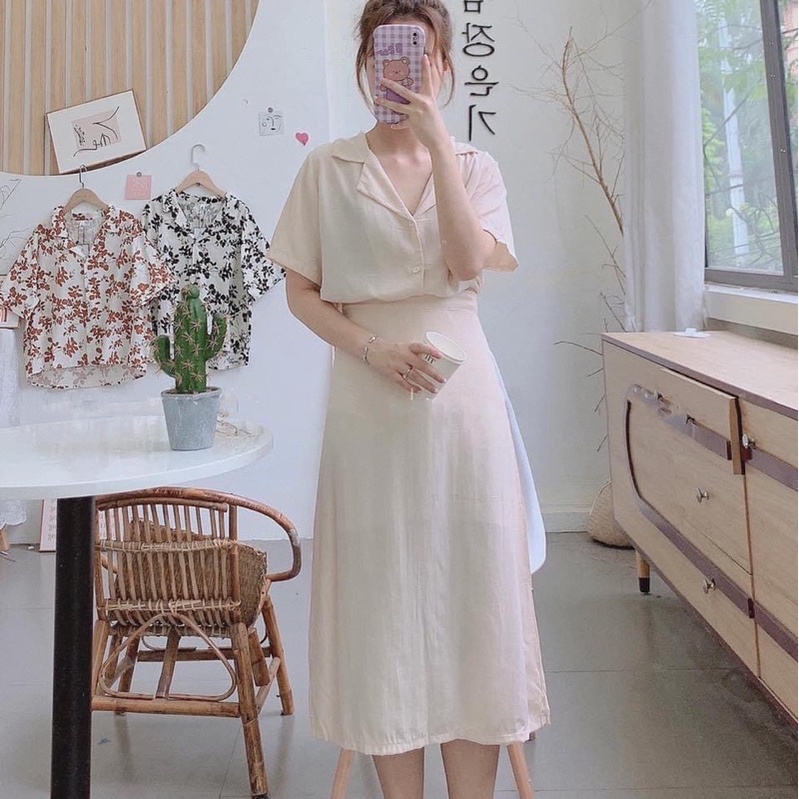 Set áo sơ mi lụa vest chân váy midi suông Hàn Quốc