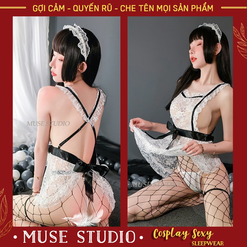 Bộ Ngủ Cosplay 𝑯𝑶𝑻 𝑻𝑹𝑬𝑵𝑫 Bộ Đồ Cosplay Cô Hầu Gái Anime Ren Gợi Cảm, Set 4 Món Siêu Hời