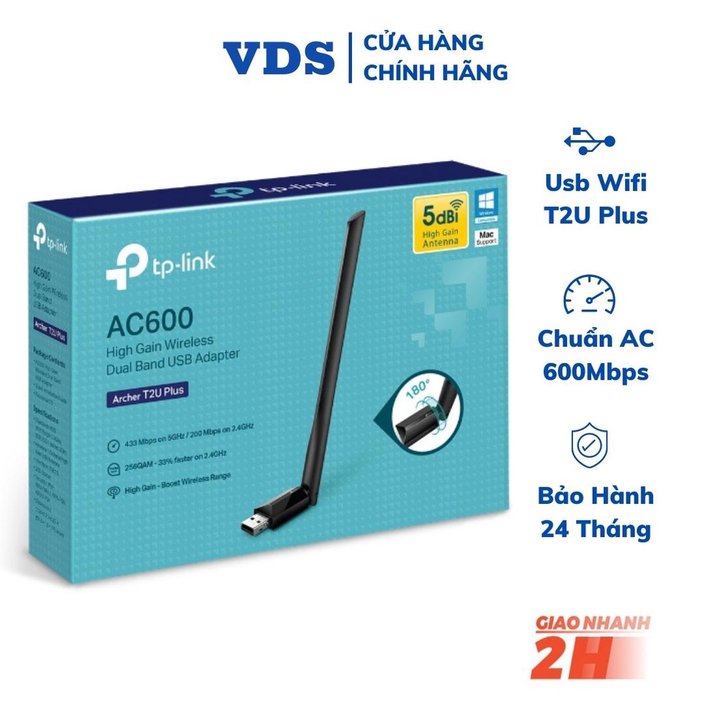 Usb wifi TP-Link chuẩn AC600 Mbps USB adapter băng tần kép,usb thu wifi Archer T2U Plus,vds shop