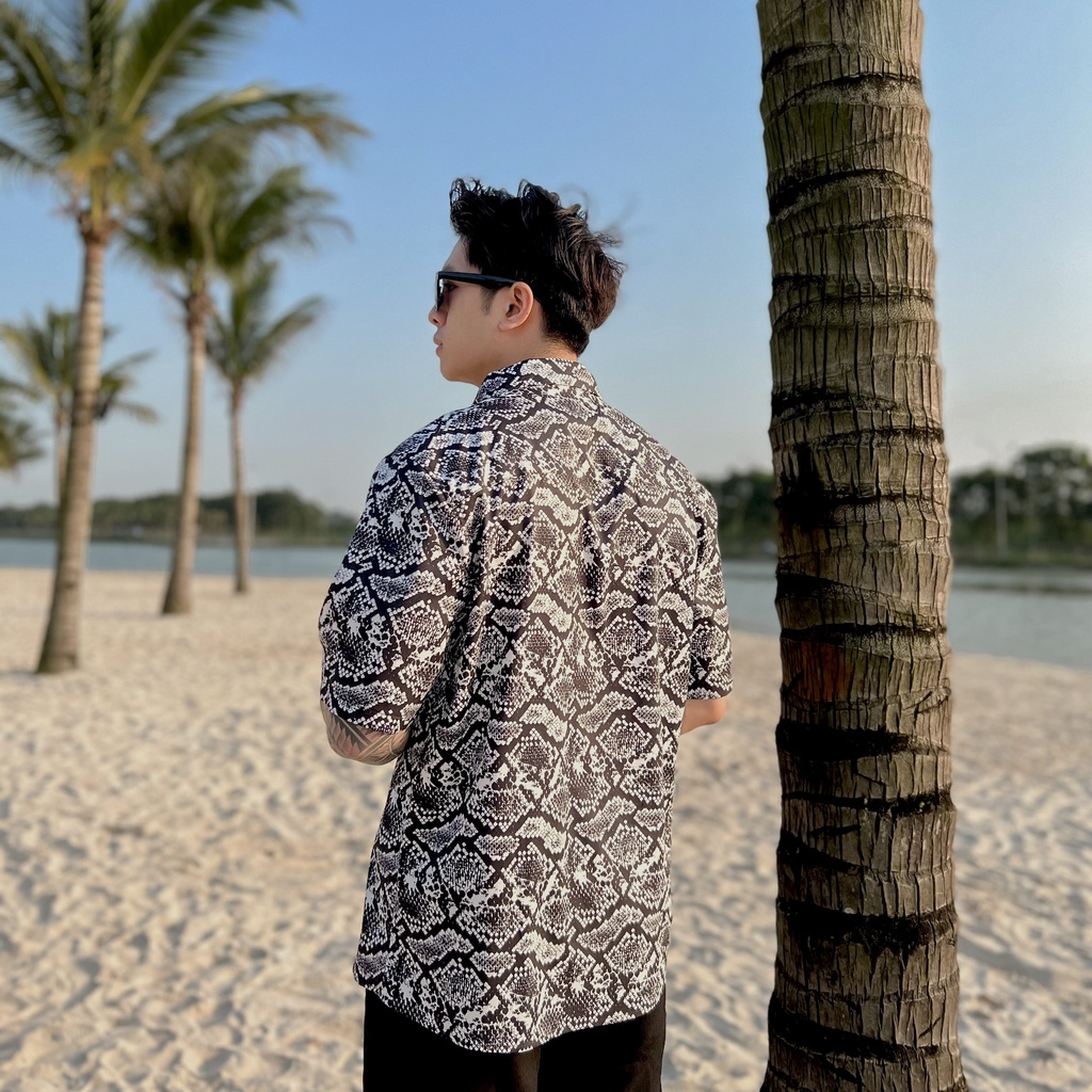 Áo sơ mi nam ngắn tay DEWE, vải lụa nhập khẩu chống nhăn thoáng mát, họa tiết Da rắn - DEWE Cuban Shirt