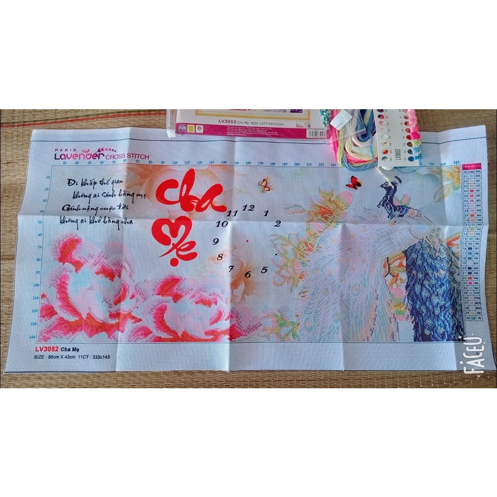 Tranh thêu đồng hồ cha mẹ KT:86x43cm,tranh chưa thêu.Tặng kéo và xỏ chỉ.