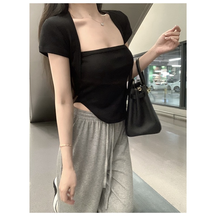 Áo Thun cotton Tay Ngắn Cổ Vuông Màu Sắc Đơn Giản Trẻ Trung Dành Cho Nữ
