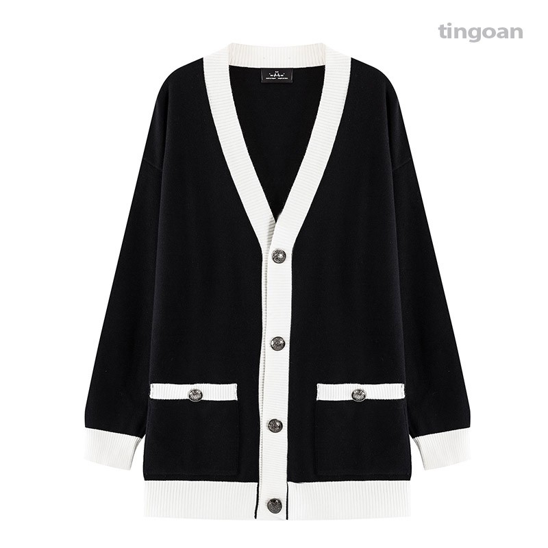 [Mã WABRTN02 giảm 10% ]Áo khoác len cardigan đen viền trắng tingoan SWEETEST CARDIGAN/BL FREESIZE | BigBuy360 - bigbuy360.vn