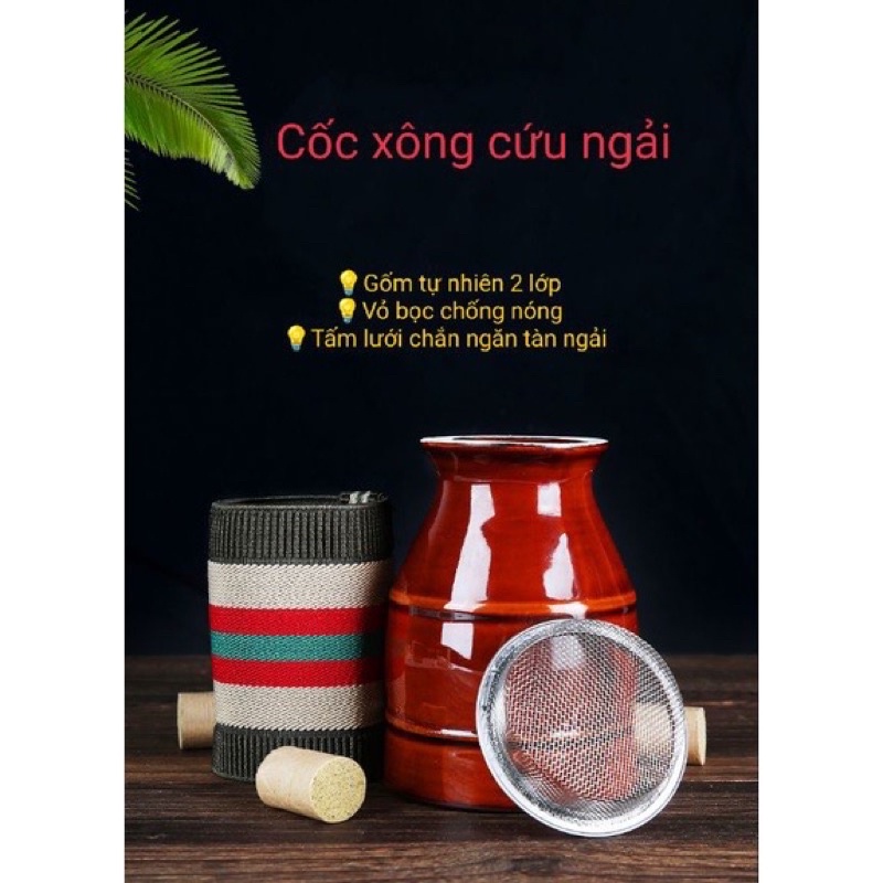 Cốc phù dương cứu ngải- cốc xông ngải cứu kèm bao nhung thổ cẩm  - Cốc chườm ngải cao cấp