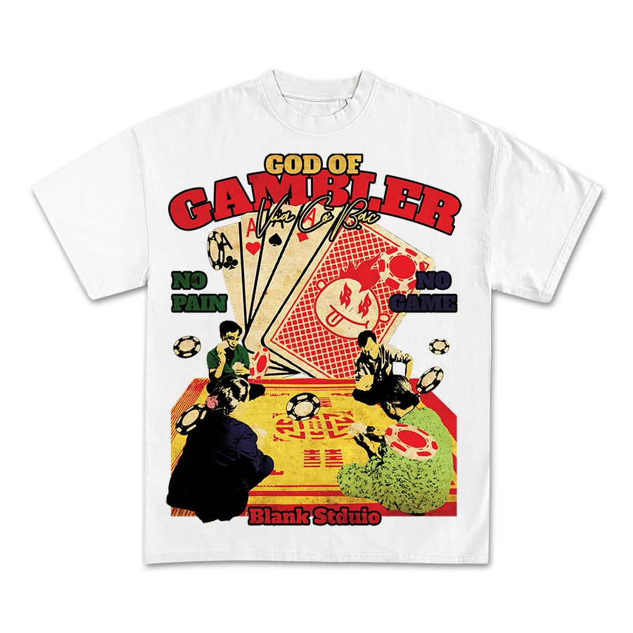 BLANK | Áo Thun GOD OF GAMBLER Tay Lỡ Unisex - Đen/Trắng Cổ Tròn