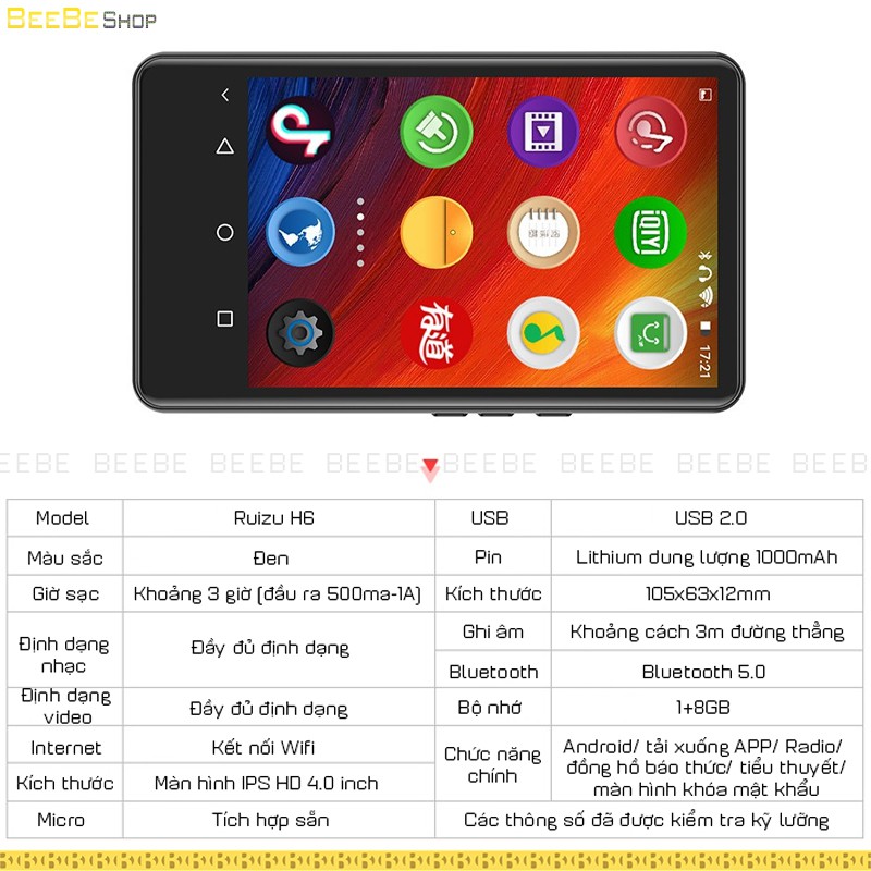 Ruizu H6 - Máy Nghe Nhạc Có Wifi và Bluetooth, Xem Phim HD, Màn Hình Cảm Ứng, Hệ Điều Hành Android 5.1