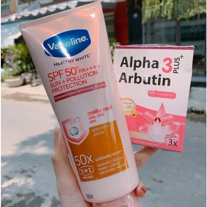 Combo sữa dưỡng Vaseline 50X và vỉ Alpha Arbutin Thái Lan