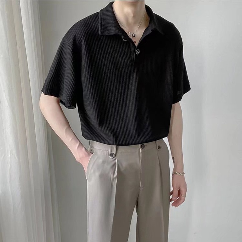 Áo Thun polo Tay Lỡ Cổ Bẻ Màu Trơn Dáng Rộng Phong Cách Hàn Quốc Thời Trang Mùa Hè Cho Nam Size M-2XL