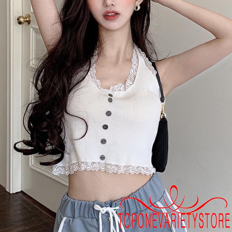 Áo Croptop Hai Dây Phối Ren Màu Sắc Thời Trang Cho Nữ