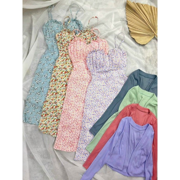 SET ĐẦM MIDI 2 DÂY HOA XẺ NGỰC KÈM KHOÁC CROP