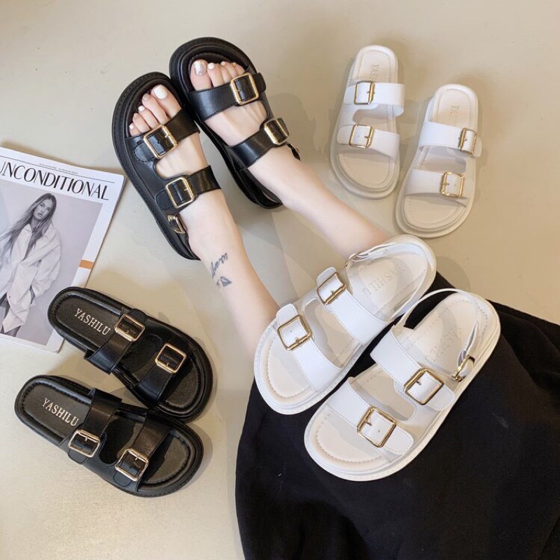 Về Hàng: Sandal 2 quai khóa vuông đế siêu nhẹ 3cm, sandal nữ đi học- dép bánh mì siêu nhẹ