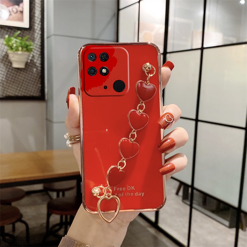 Ốp Điện Thoại Dẻo Mạ 6D Kèm Dây Đeo Tay Hình Trái Tim Cho Xiaomi Redmi 10C Note 11 11S 11T Pro POCO X4 M4 Pro 4G 5G
