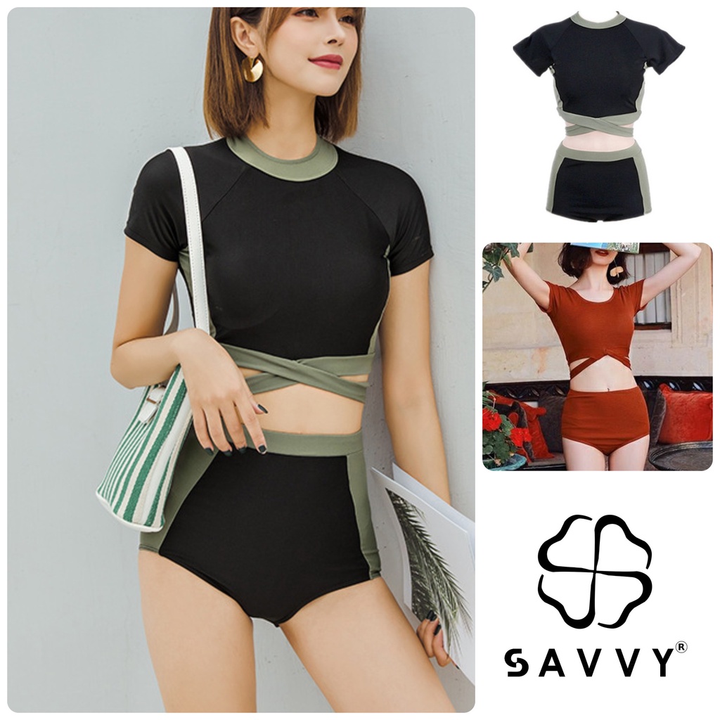 Bikini Đồ bơi 2 mảnh quần cạp cao cột dây, áo tắm biển cộc tay mã BVXC0950 SAVVY summer swimsuit