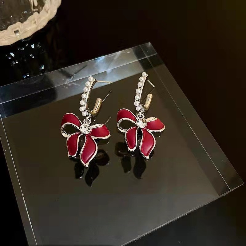 Bông Tai Mạ Bạc 925 Hình Nơ Đính Ngọc Trai Phong Cách Retro Hàn Quốc