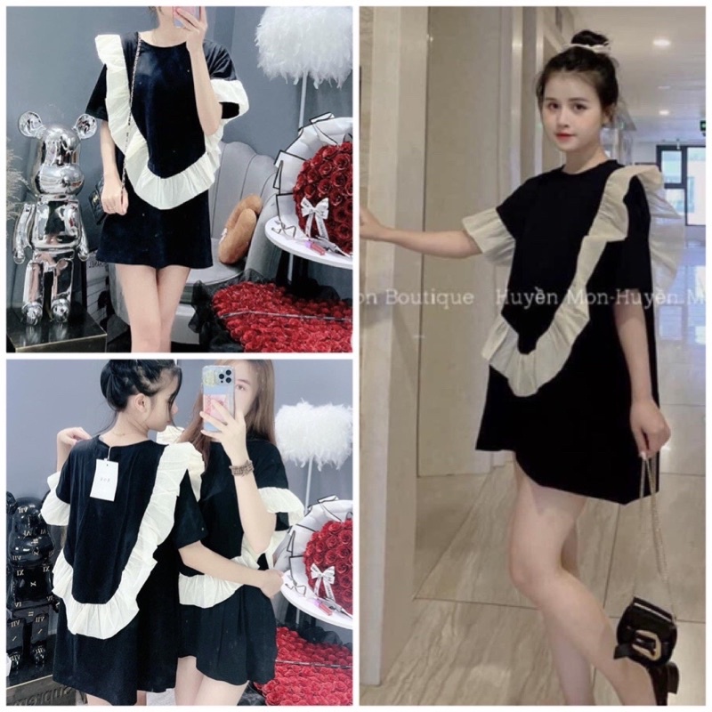 Áo Phông Phối Viền Bèo From Rộng Dáng Babydoll Giấu Quần Tiểu Thư Sẵn Tại Kho Kèm Ảnh Thật