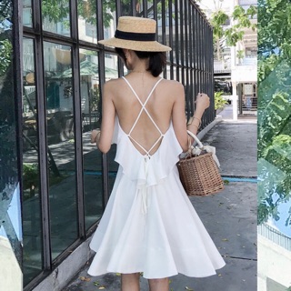 Đầm trắng viền bèo đan dây sau, váy đi biển xuongvnxk vnxk (kèm hình thật)