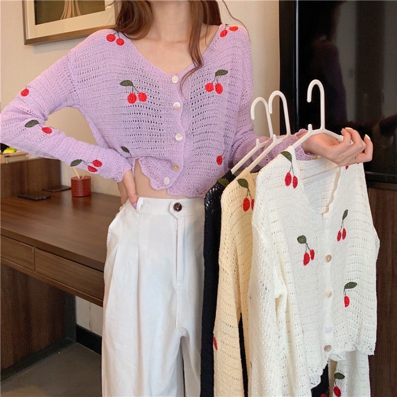 áo len cardigan dệt kim mỏng thêu cherry hot hit (73076#)