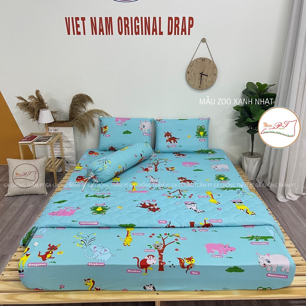 Bộ ga chống thấm cotton cho bé, drap chống thấm nước cao cấp kèm vỏ gối đầu và vỏ gối ôm mềm mịn mát (mẫu zoo nhạt)