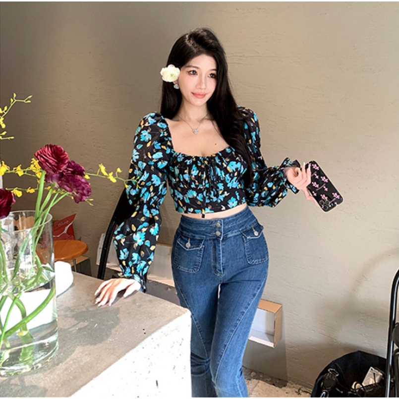 Áo Croptop Tay Dài Hoạ Tiết Hoa Thời Trang Mùa Hè Cho Phái Nữ