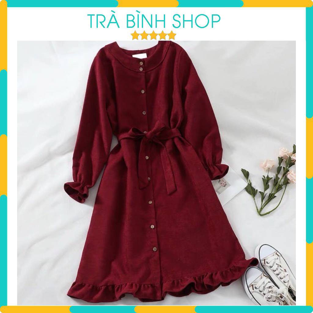 Váy Dáng Suông Đầm Suông Dài Tay Cổ Đức Bo Tay Thắt Nơ Chất Nhung Tăm