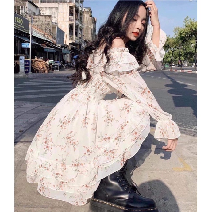 Váy hoa nhí trễ vai babydoll bèo tầng thắt chun eo, Đầm dự tiệc tiểu thư vintage Hàn Quốc (TTA115)