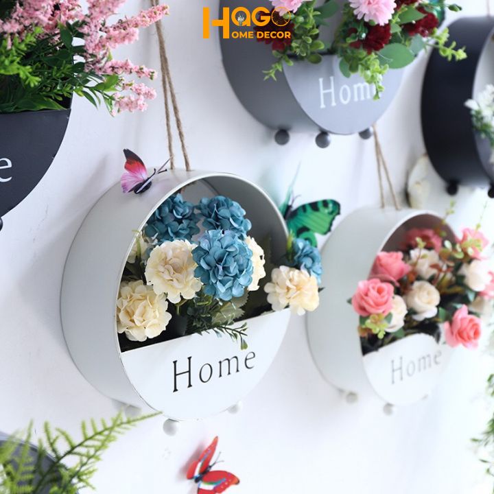 Lẵng hoa, giỏ hoa chữ home treo tường bằng thép cắm sẵn nhiều mẫu hoa (tặng kèm đèn Led)