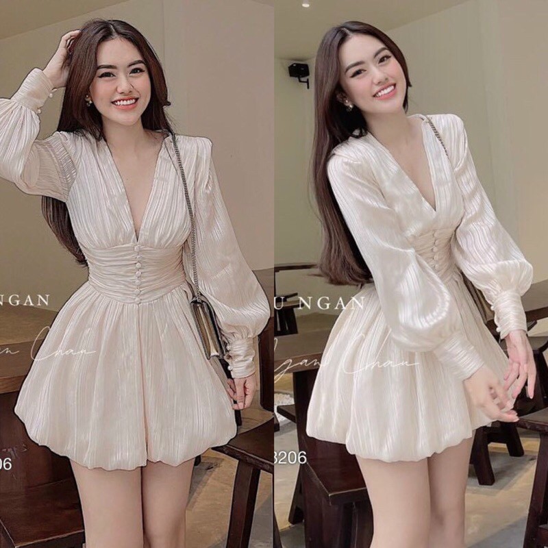 Đầm xoè đính ngọc cổ V tay dài phồng
